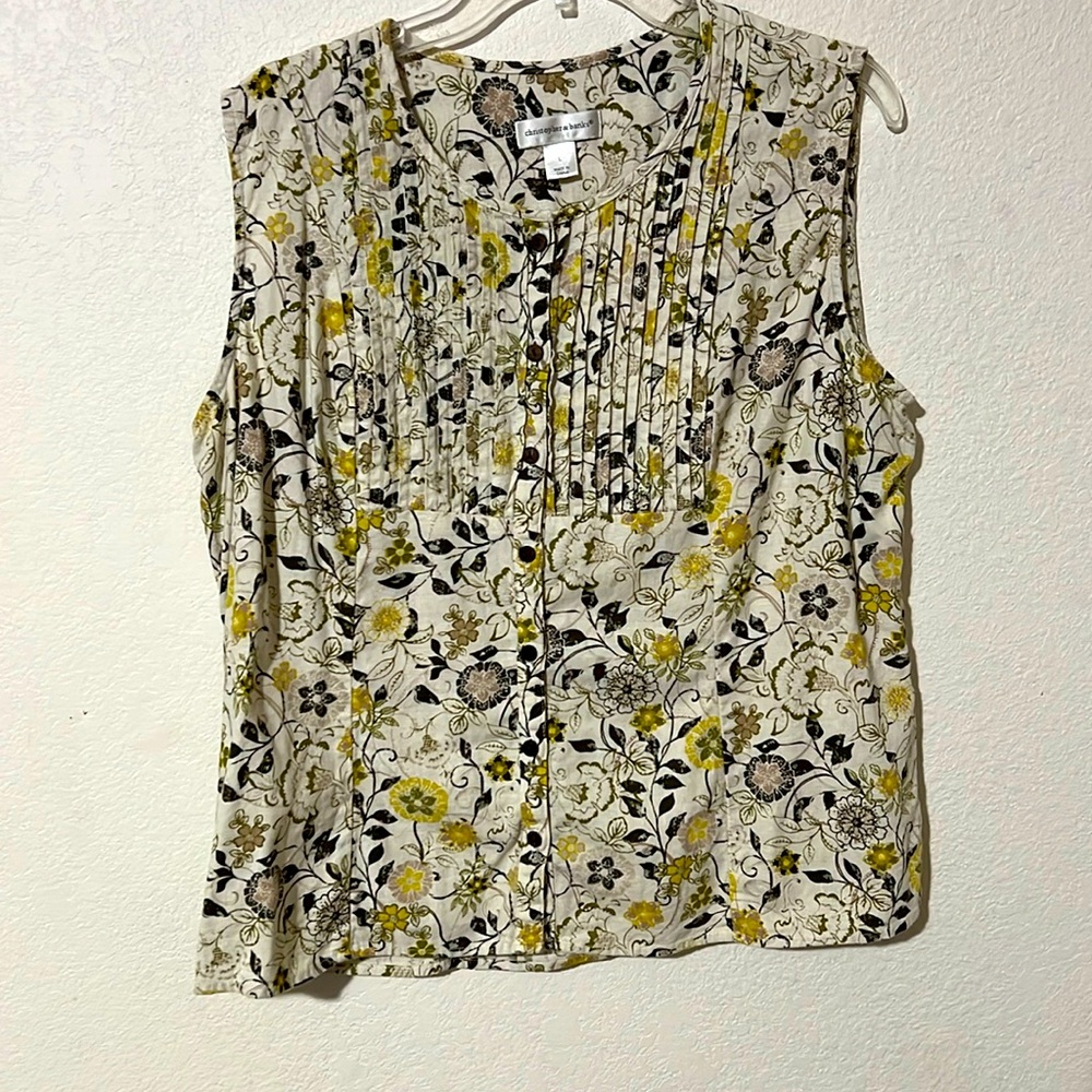 Christopher & Banks Sleeveless, pleated linen blouse in cream, ivy and yellow